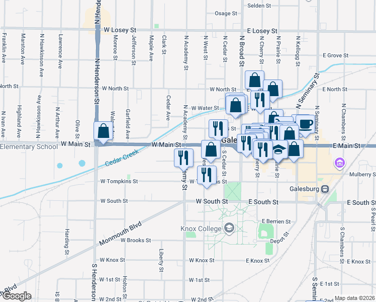 map of restaurants, bars, coffee shops, grocery stores, and more near 260 West Main Street in Galesburg