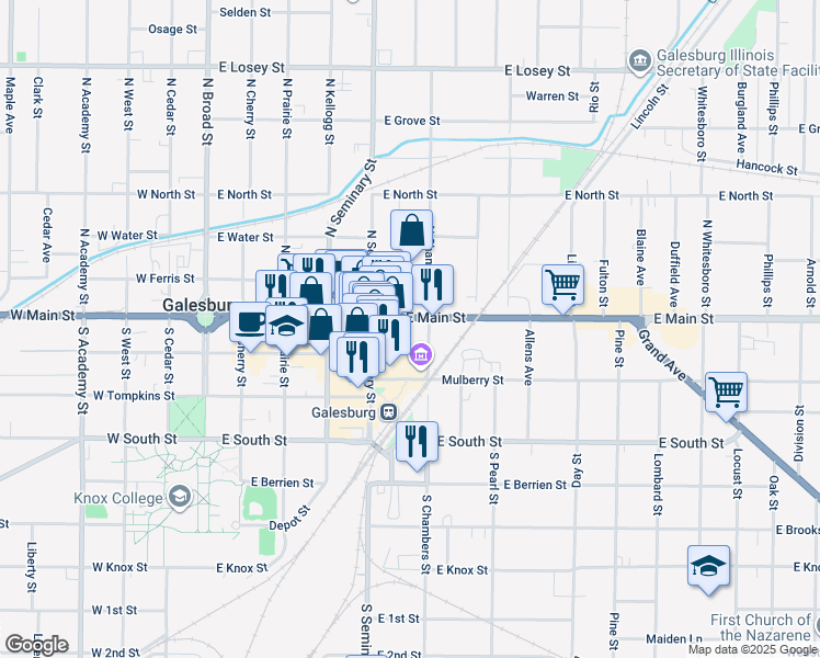 map of restaurants, bars, coffee shops, grocery stores, and more near in Galesburg
