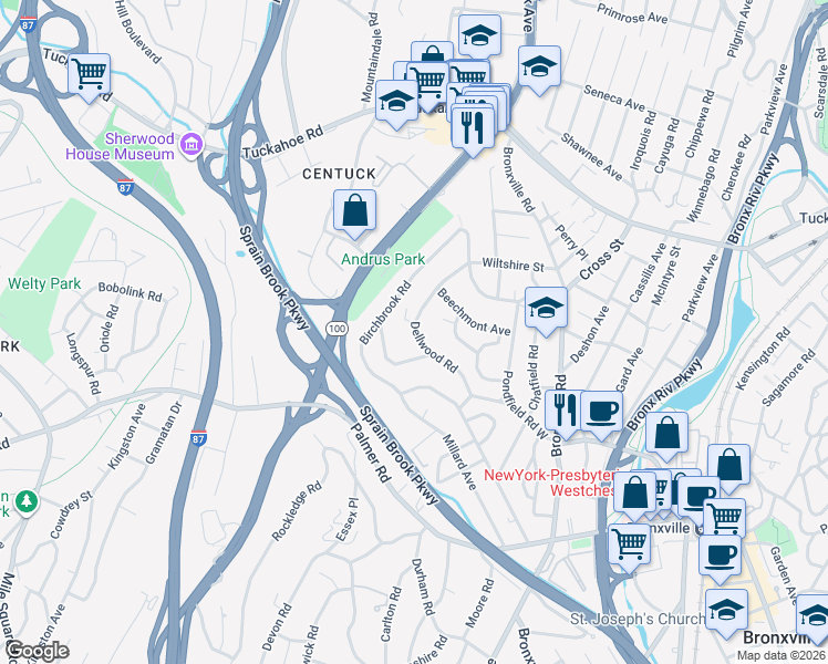 map of restaurants, bars, coffee shops, grocery stores, and more near 84 Dellwood Road in Yonkers