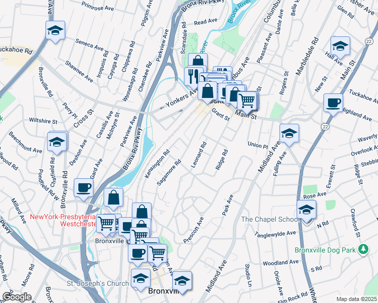 map of restaurants, bars, coffee shops, grocery stores, and more near 90 Sagamore Road in Bronxville