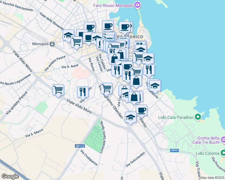 map of restaurants, bars, coffee shops, grocery stores, and more near 85 Via Cappuccini in Monopoli