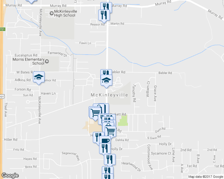 map of restaurants, bars, coffee shops, grocery stores, and more near Margo Lane in McKinleyville
