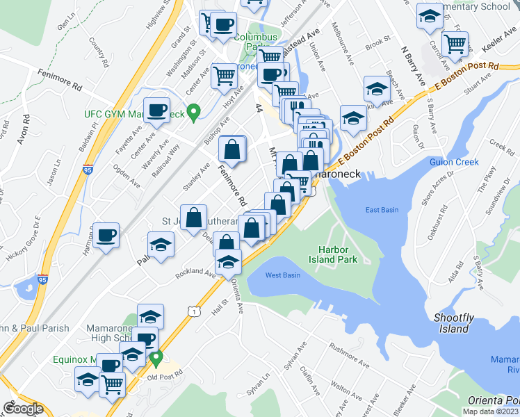 map of restaurants, bars, coffee shops, grocery stores, and more near 149 Fenimore Road in Mamaroneck