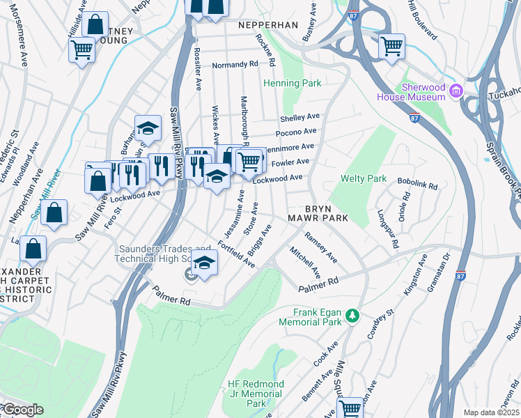 map of restaurants, bars, coffee shops, grocery stores, and more near in Yonkers