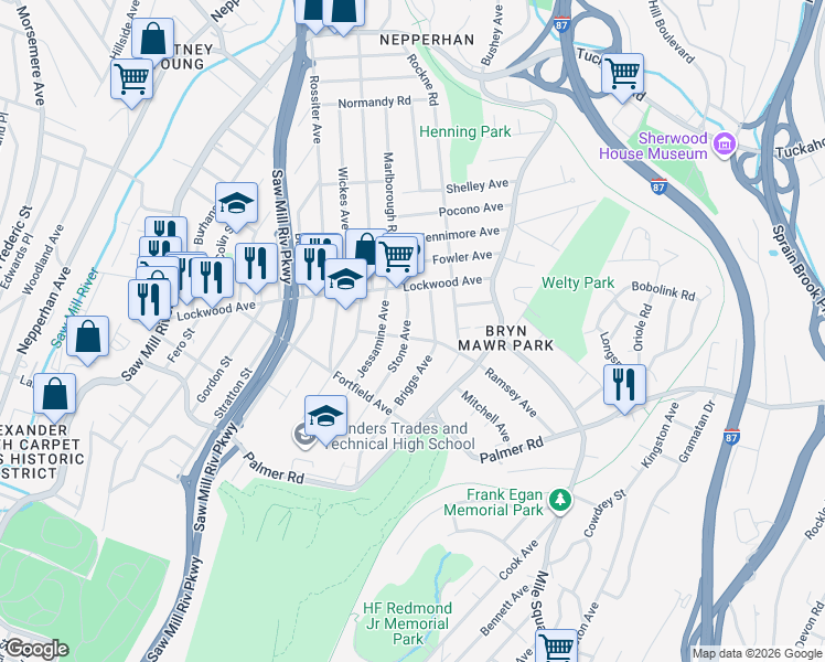 map of restaurants, bars, coffee shops, grocery stores, and more near in Yonkers