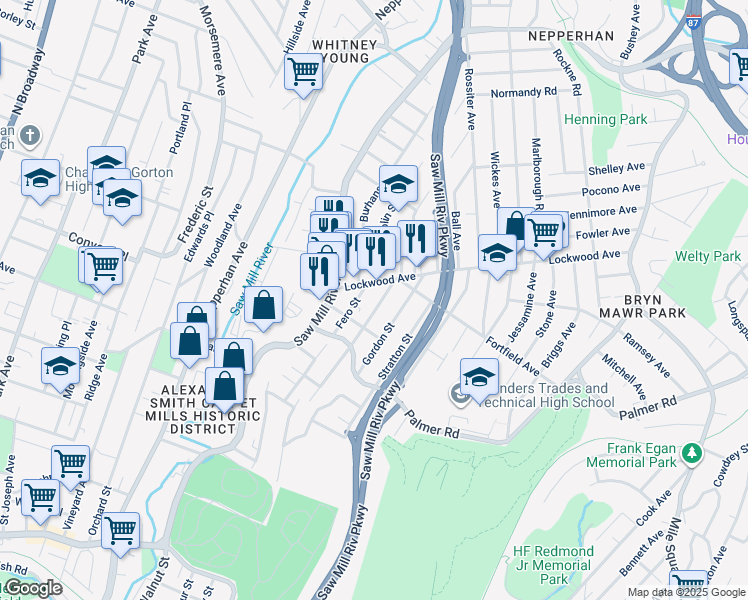 map of restaurants, bars, coffee shops, grocery stores, and more near 41 Clarendon Avenue in Yonkers