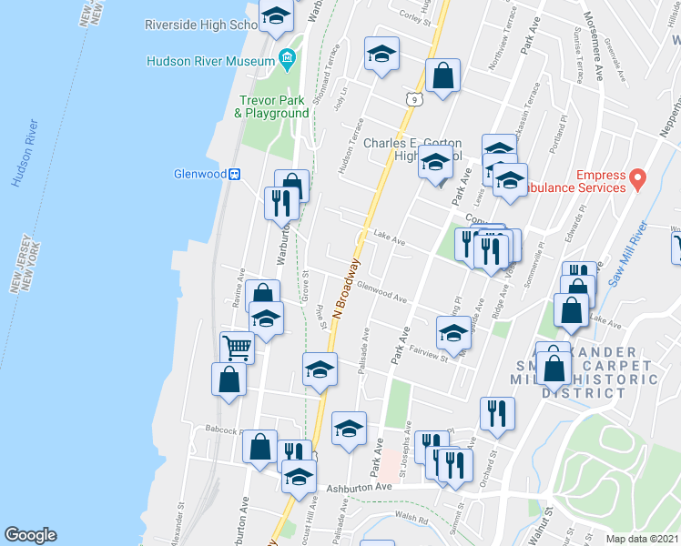 map of restaurants, bars, coffee shops, grocery stores, and more near 124 Glenwood Avenue in Yonkers