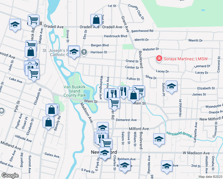 map of restaurants, bars, coffee shops, grocery stores, and more near 78 River Road in New Milford