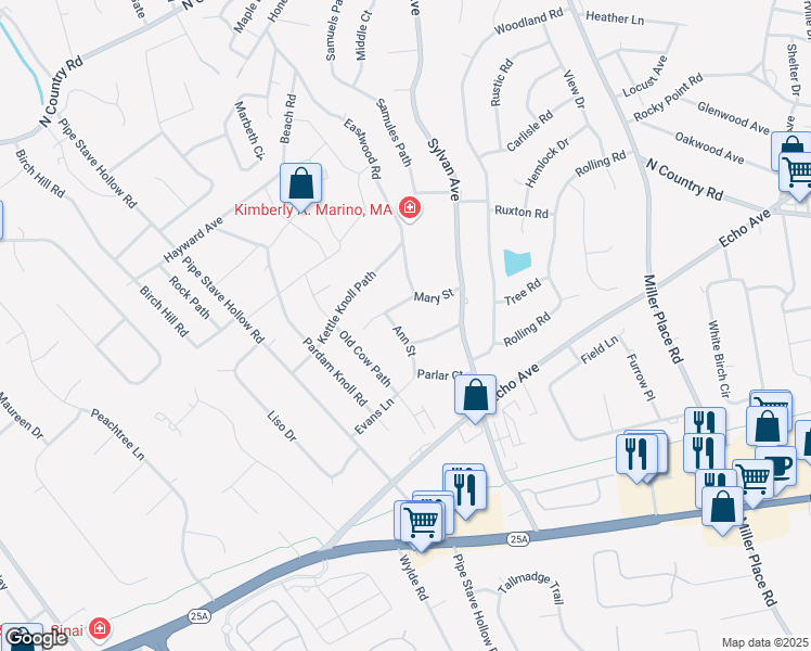 map of restaurants, bars, coffee shops, grocery stores, and more near 3 Ann Street in Miller Place