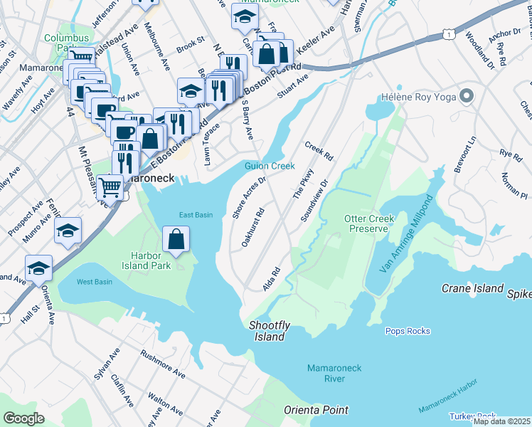 map of restaurants, bars, coffee shops, grocery stores, and more near 635 Oakhurst Road in Mamaroneck