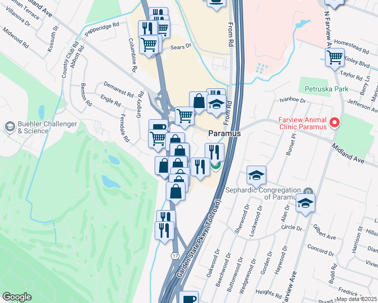 map of restaurants, bars, coffee shops, grocery stores, and more near 407 Sette Drive in Paramus