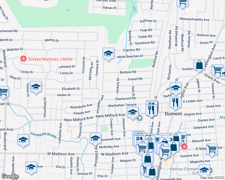 map of restaurants, bars, coffee shops, grocery stores, and more near 110 Sherwood Road in Dumont