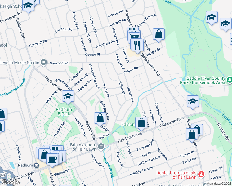 map of restaurants, bars, coffee shops, grocery stores, and more near 33-15 Hamilton Road in Fair Lawn