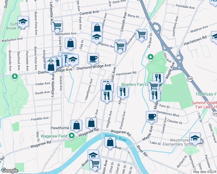 map of restaurants, bars, coffee shops, grocery stores, and more near 153 Lincoln Avenue in Fair Lawn