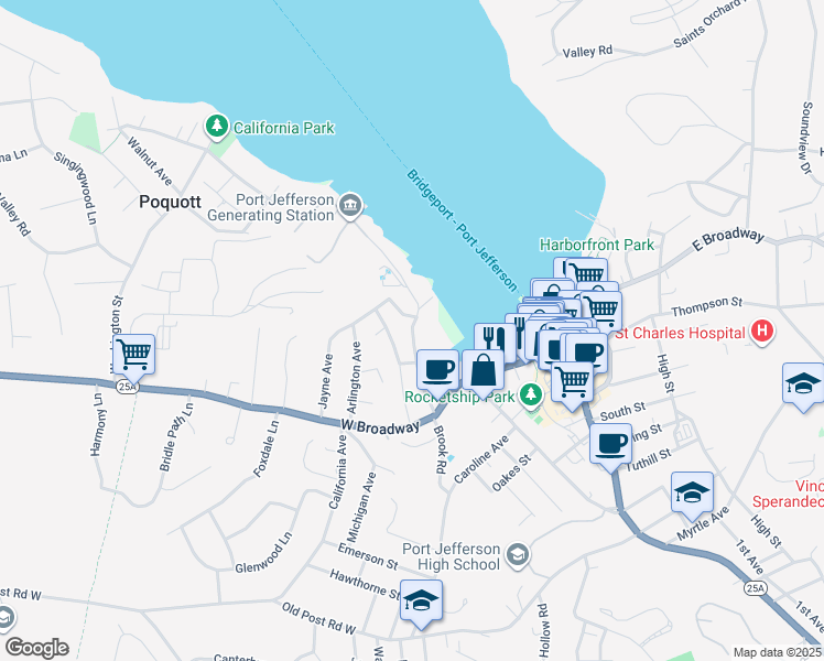 map of restaurants, bars, coffee shops, grocery stores, and more near 228 Beach Street in Port Jefferson