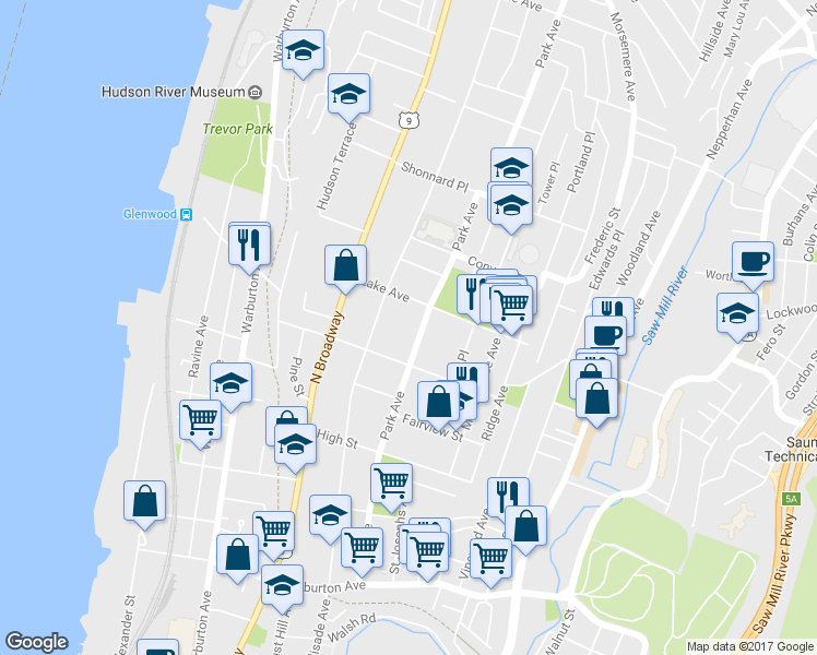 map of restaurants, bars, coffee shops, grocery stores, and more near 199 Park Avenue in Yonkers