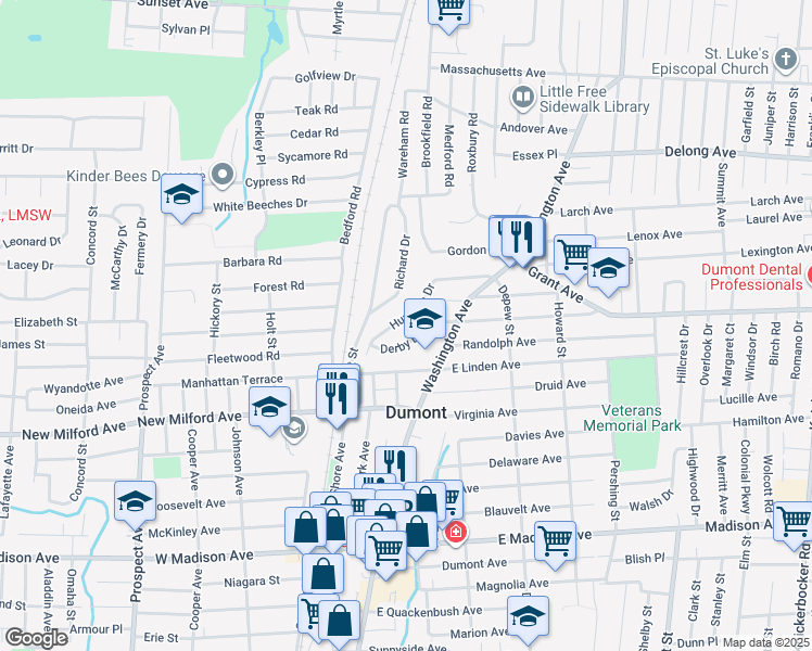 map of restaurants, bars, coffee shops, grocery stores, and more near 13 Lohmann Place in Dumont