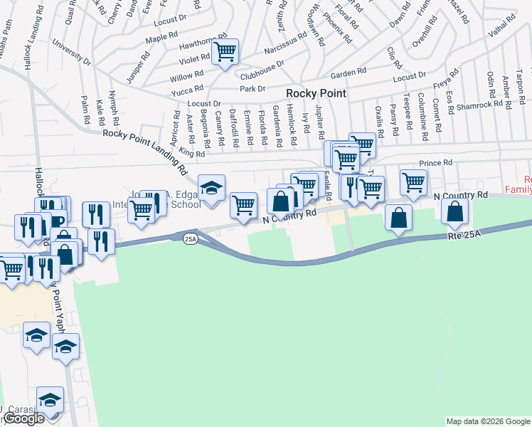 map of restaurants, bars, coffee shops, grocery stores, and more near 561 New York 25A in Rocky Point