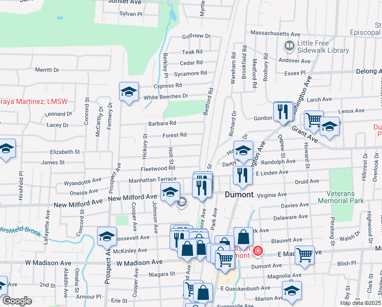 map of restaurants, bars, coffee shops, grocery stores, and more near 18 Sherwood Road in Dumont