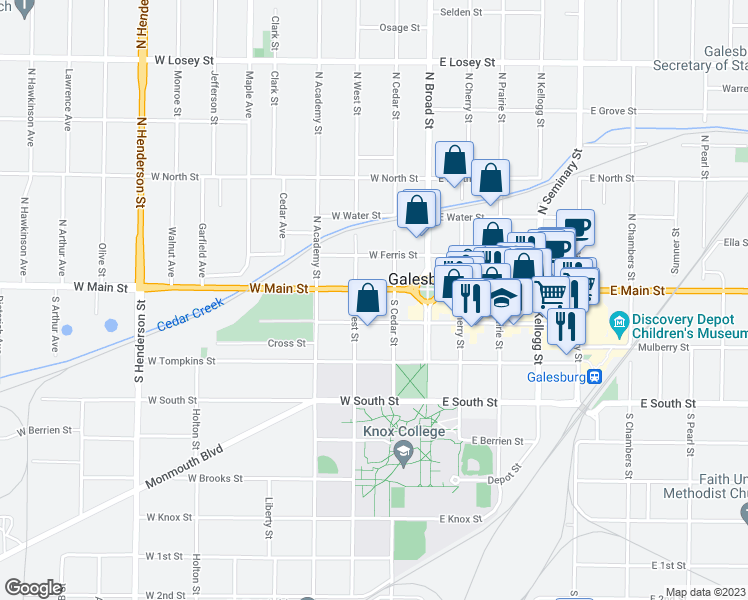 map of restaurants, bars, coffee shops, grocery stores, and more near 154 West Main Street in Galesburg