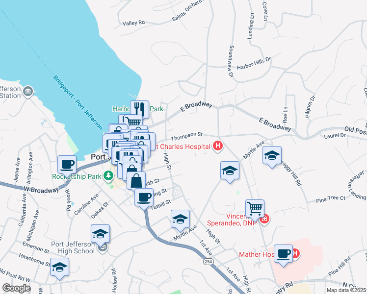map of restaurants, bars, coffee shops, grocery stores, and more near 118 Campbell Street in Port Jefferson