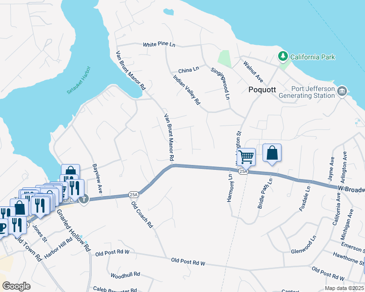map of restaurants, bars, coffee shops, grocery stores, and more near 1 Morton Manor Drive in Setauket- East Setauket