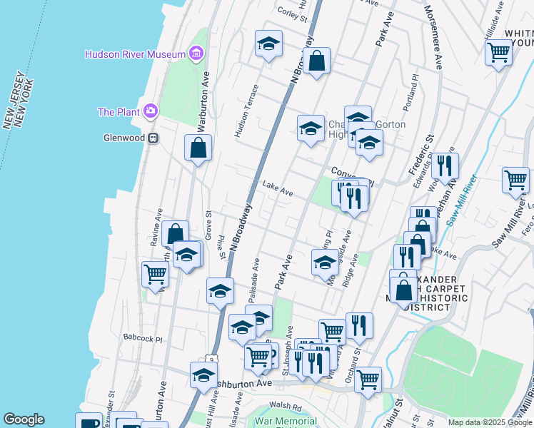 map of restaurants, bars, coffee shops, grocery stores, and more near 396 Palisade Avenue in Yonkers