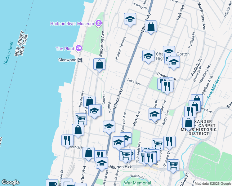 map of restaurants, bars, coffee shops, grocery stores, and more near 345 North Broadway in Yonkers