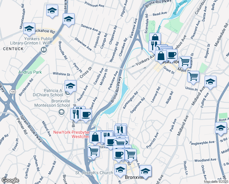 map of restaurants, bars, coffee shops, grocery stores, and more near 163 Saint Nicholas Avenue in Yonkers