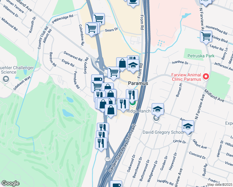 map of restaurants, bars, coffee shops, grocery stores, and more near 409 Sette Drive in Paramus