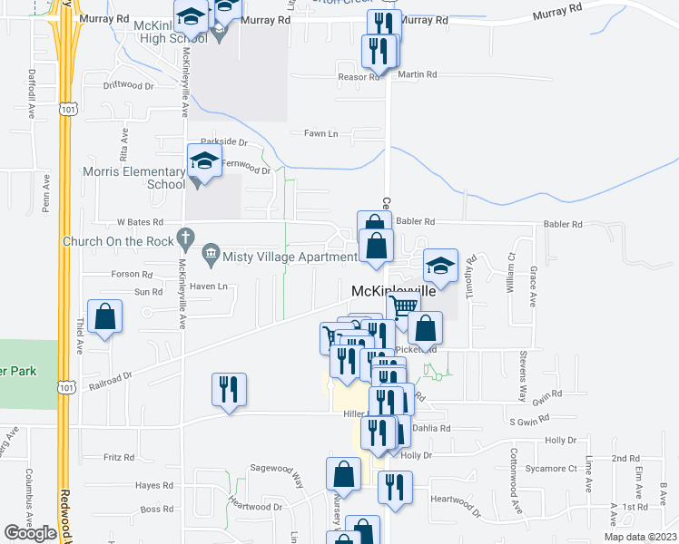 map of restaurants, bars, coffee shops, grocery stores, and more near 1549 Railroad Drive in McKinleyville