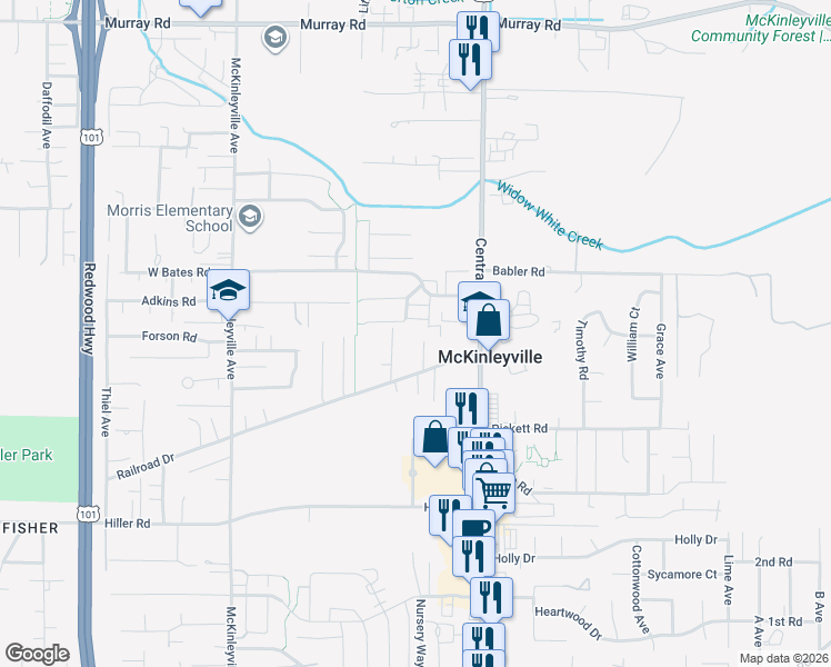 map of restaurants, bars, coffee shops, grocery stores, and more near 2299 Terrace Lane in McKinleyville