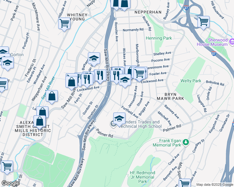 map of restaurants, bars, coffee shops, grocery stores, and more near 75 Dartmouth Avenue in Yonkers