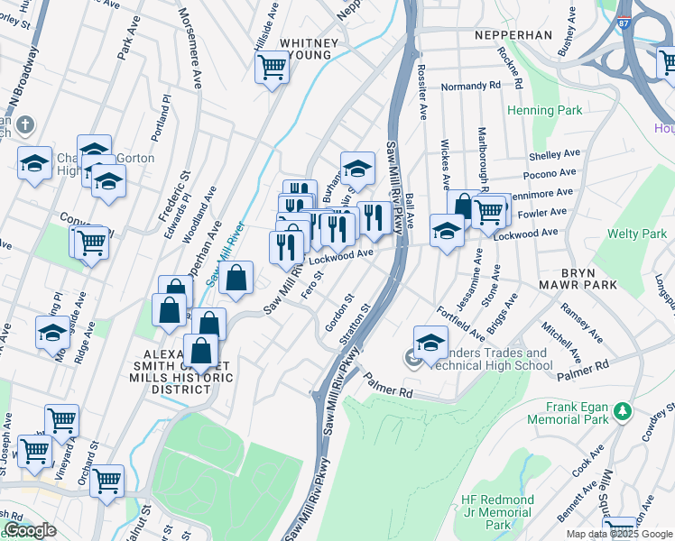 map of restaurants, bars, coffee shops, grocery stores, and more near 41 Clarendon Avenue in Yonkers