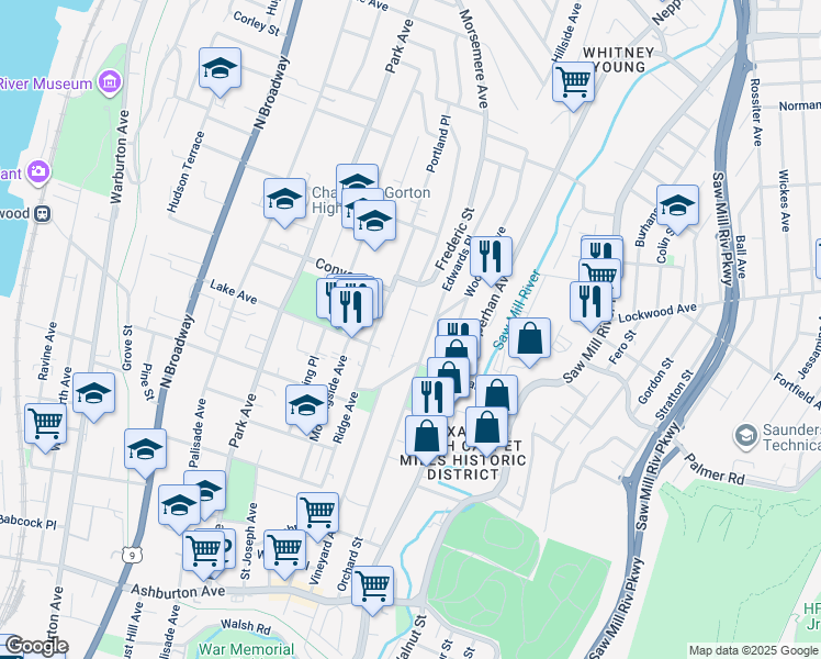 map of restaurants, bars, coffee shops, grocery stores, and more near 221 Edwards Place in Yonkers