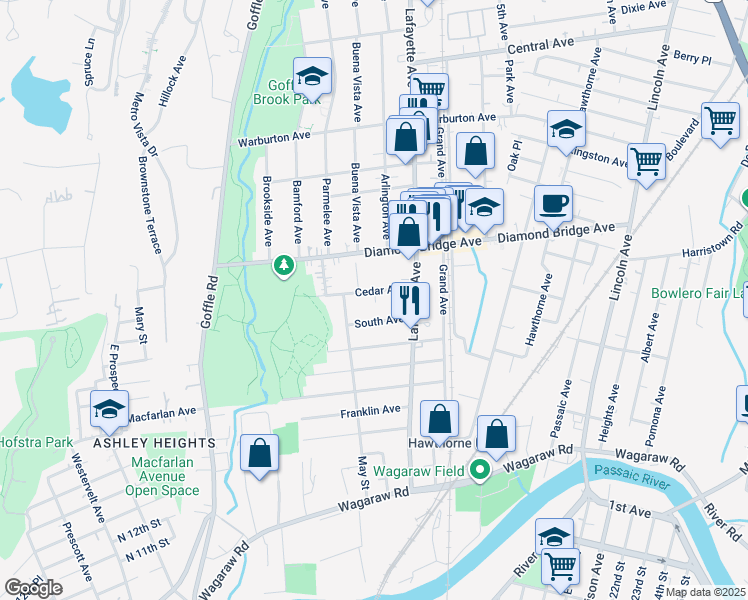 map of restaurants, bars, coffee shops, grocery stores, and more near 57 South Avenue in Hawthorne