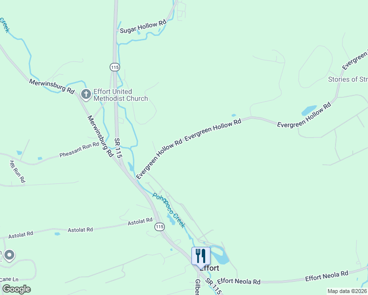 map of restaurants, bars, coffee shops, grocery stores, and more near Evergreen Hollow Road in Effort