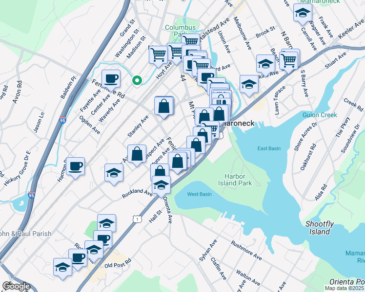 map of restaurants, bars, coffee shops, grocery stores, and more near Livingston Avenue in Mamaroneck