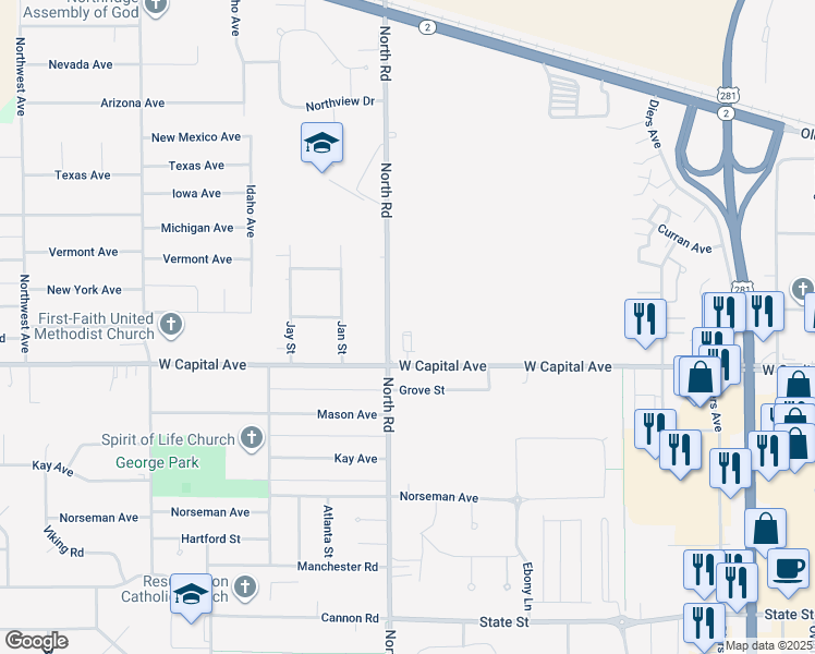 map of restaurants, bars, coffee shops, grocery stores, and more near 3990 West Capital Avenue in Grand Island