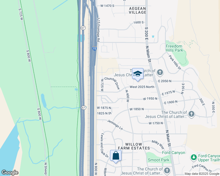 map of restaurants, bars, coffee shops, grocery stores, and more near 597 West 2075 North Circle in Centerville