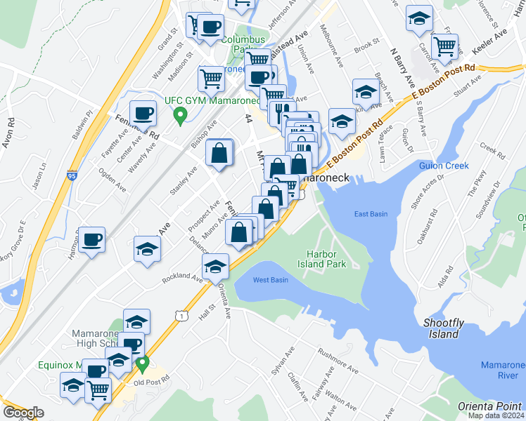 map of restaurants, bars, coffee shops, grocery stores, and more near 300 Livingston Avenue in Mamaroneck