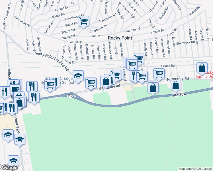map of restaurants, bars, coffee shops, grocery stores, and more near 586 North Country Road in Rocky Point