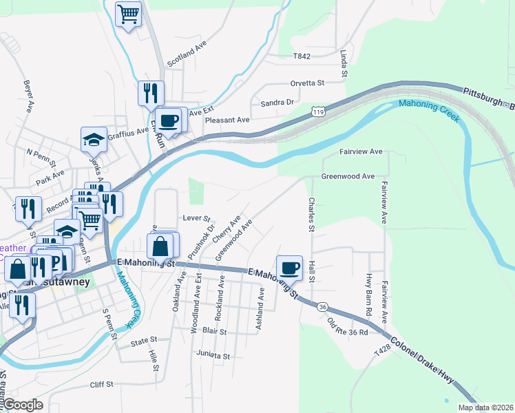 map of restaurants, bars, coffee shops, grocery stores, and more near 405 Greenwood Ave in Punxsutawney