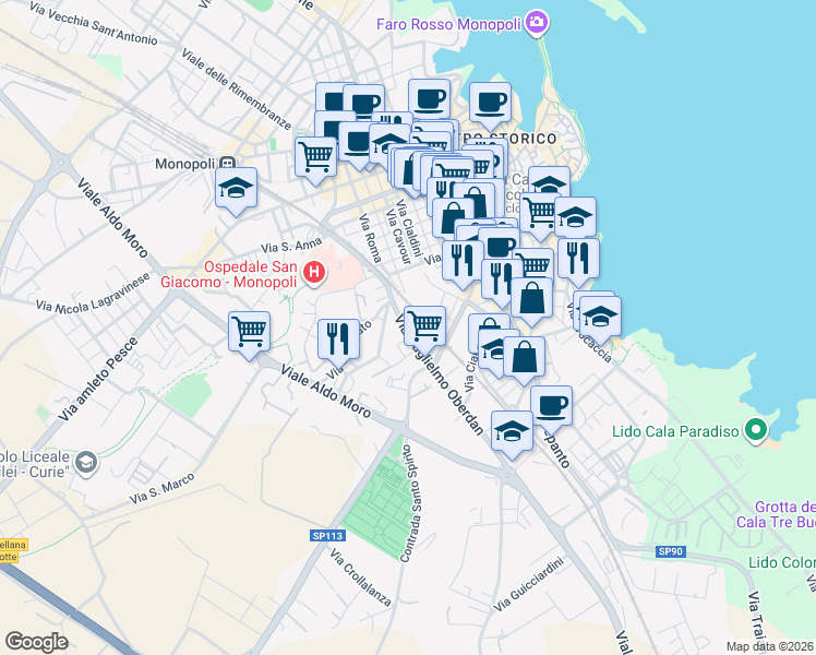 map of restaurants, bars, coffee shops, grocery stores, and more near 15 Via Guglielmo Oberdan in Monopoli