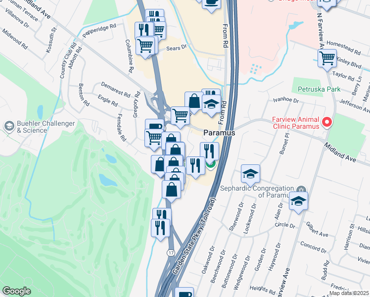 map of restaurants, bars, coffee shops, grocery stores, and more near 407 Sette Drive in Paramus