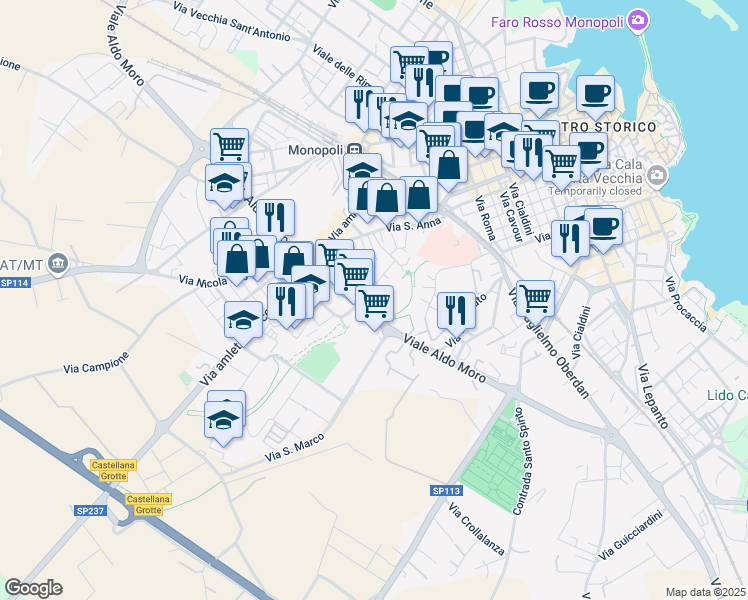 map of restaurants, bars, coffee shops, grocery stores, and more near Via Raffaello Sanzio in Monopoli