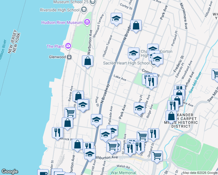 map of restaurants, bars, coffee shops, grocery stores, and more near in Yonkers