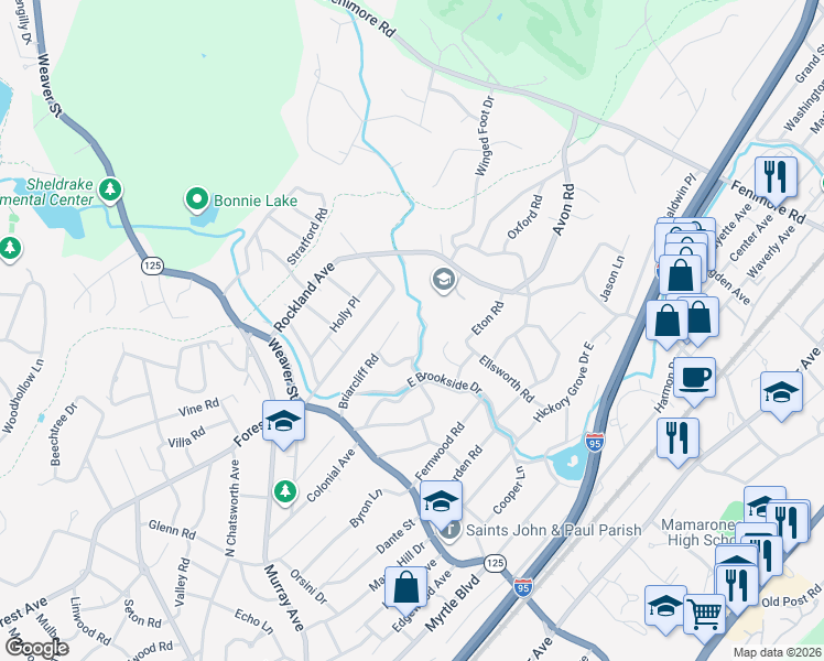 map of restaurants, bars, coffee shops, grocery stores, and more near 80 Briarcliff Road in Larchmont