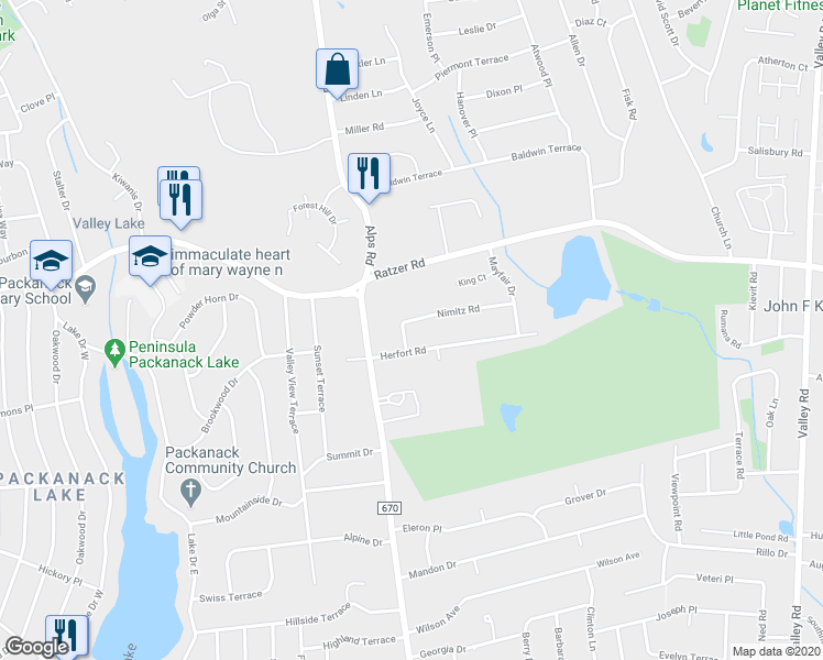 map of restaurants, bars, coffee shops, grocery stores, and more near 12 Gaede Place in Wayne