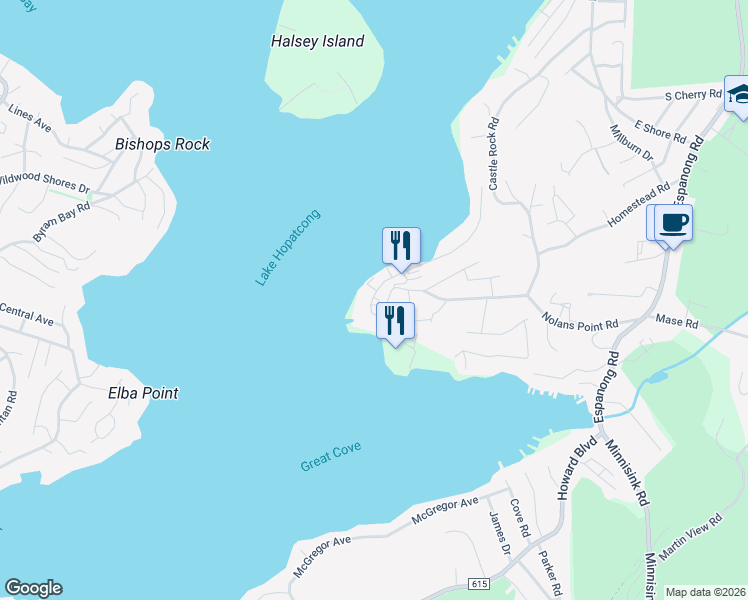 map of restaurants, bars, coffee shops, grocery stores, and more near 10 Nolans Point Park Road in Jefferson